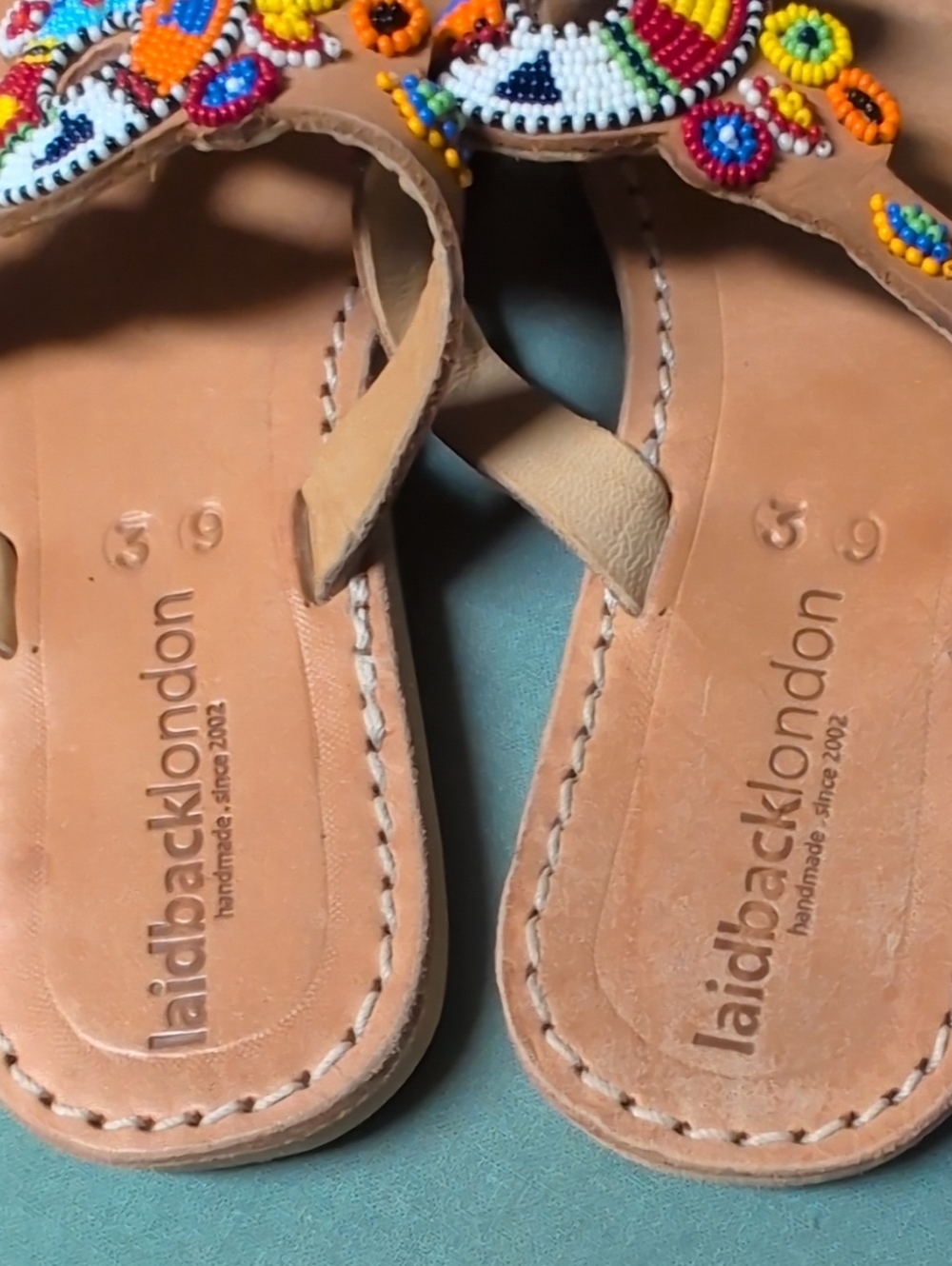 Laidback London Tan Leather Beaded Thong Sandals - Multicolor Embellishment - Picture 2 of 3